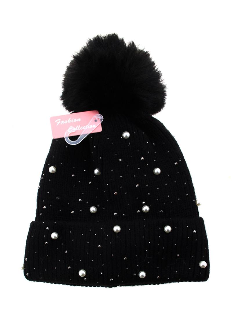 MULTI PEARL STUDDED KNIT POMPOM BEANIES