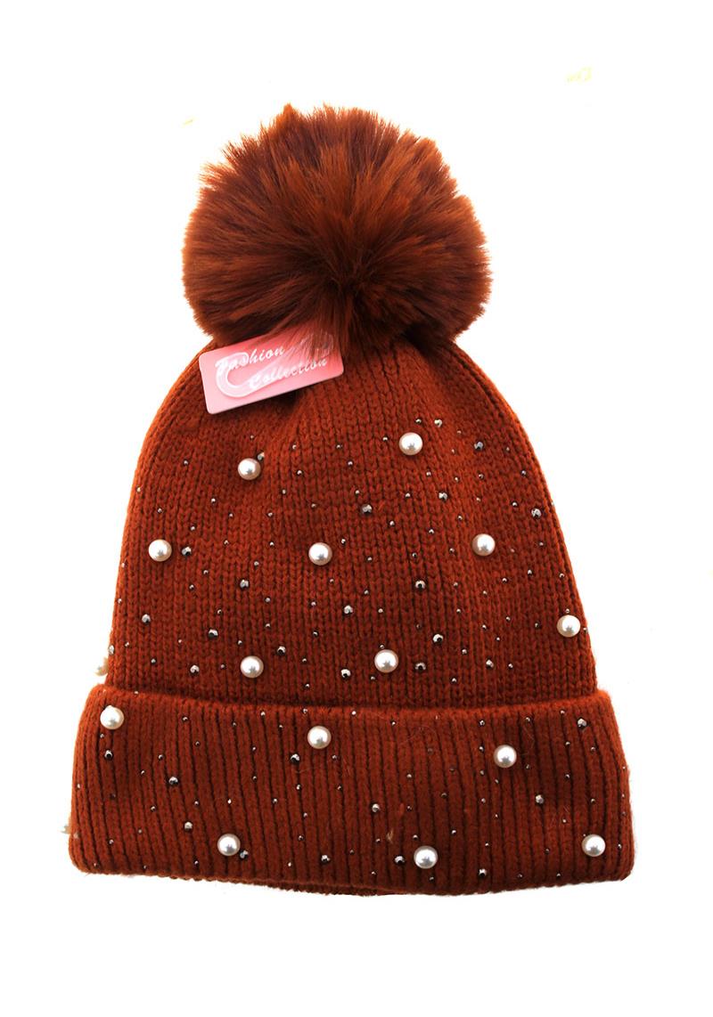 MULTI PEARL STUDDED KNIT POMPOM BEANIES