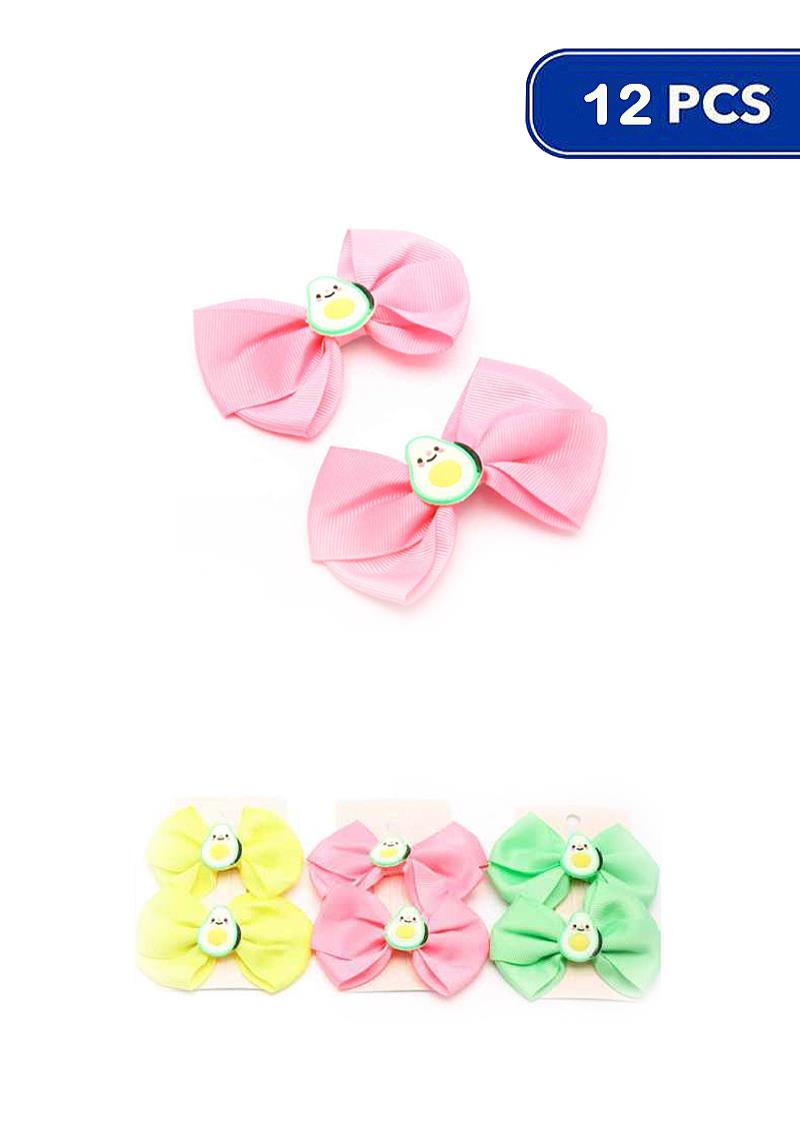 AVOCADO CUTE COLOR RIBBON 2 PC HAIR PIN CLIP SET (12 UNITS)