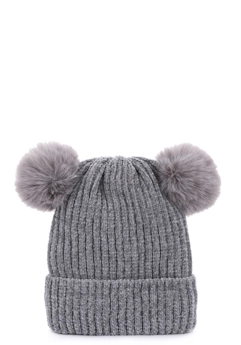 CUTE CHENILLE BEANIE WITH DOUBLE POM