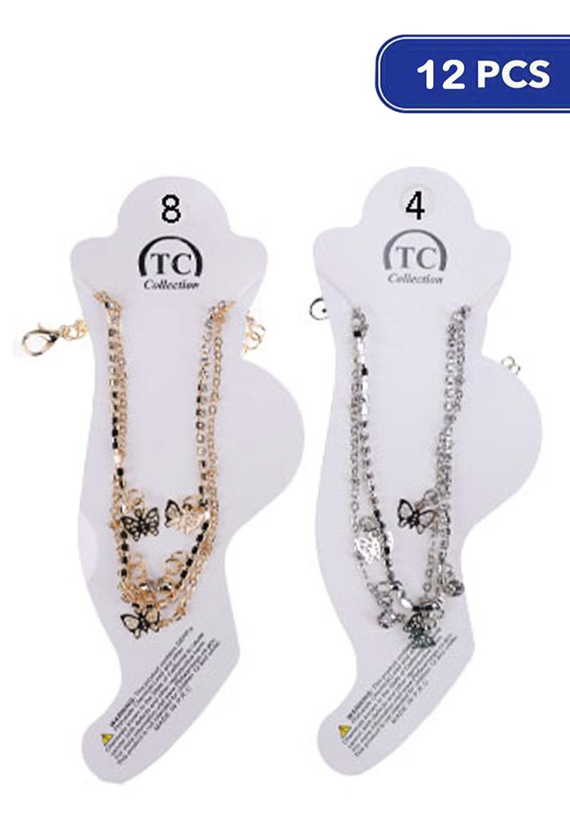 FASHION METAL RHINESTONE CHAIN LAYERED BUTTERFLY ANKLET(12 UNITS)