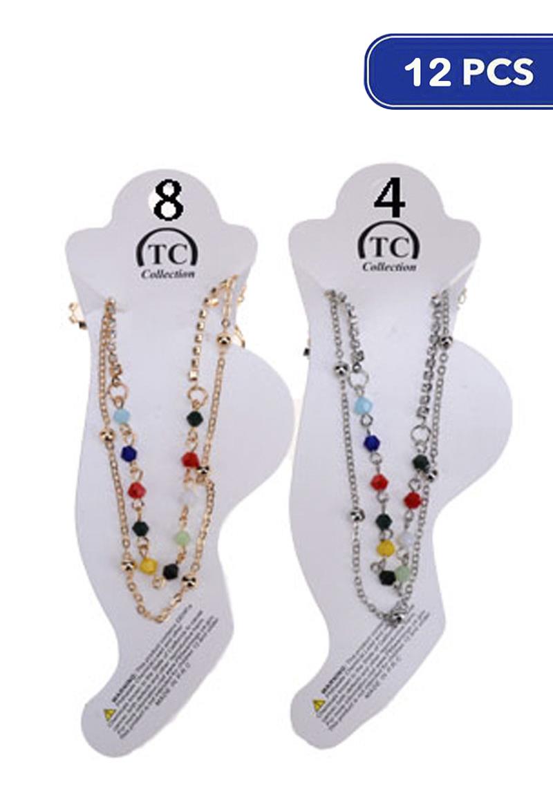 FASHION METAL CHAIN LAYERED COLOR BEAD ANKLET(12 UNITS)