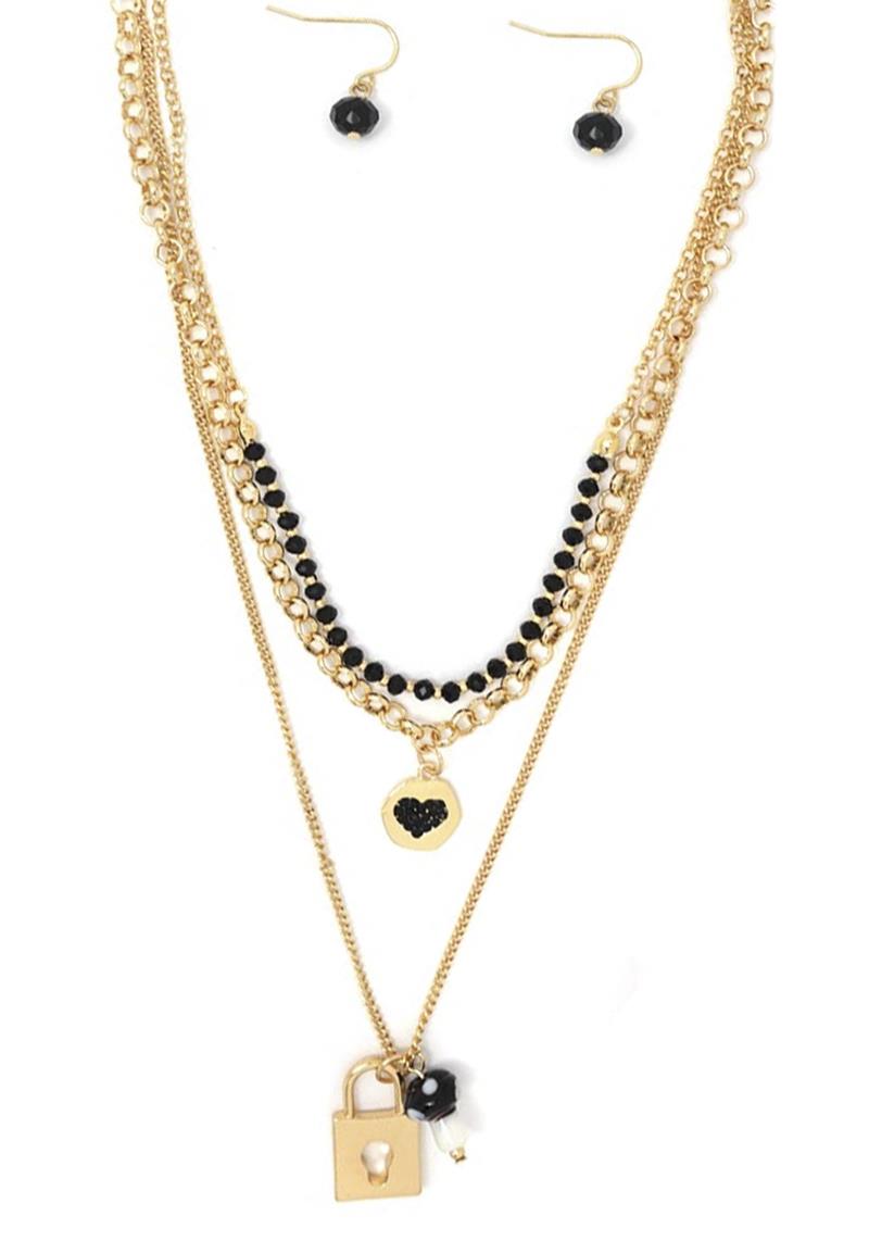 3 LAYERED METAL CHAIN LOCK AND KEY PENDANT NECKLACE EARRING SET