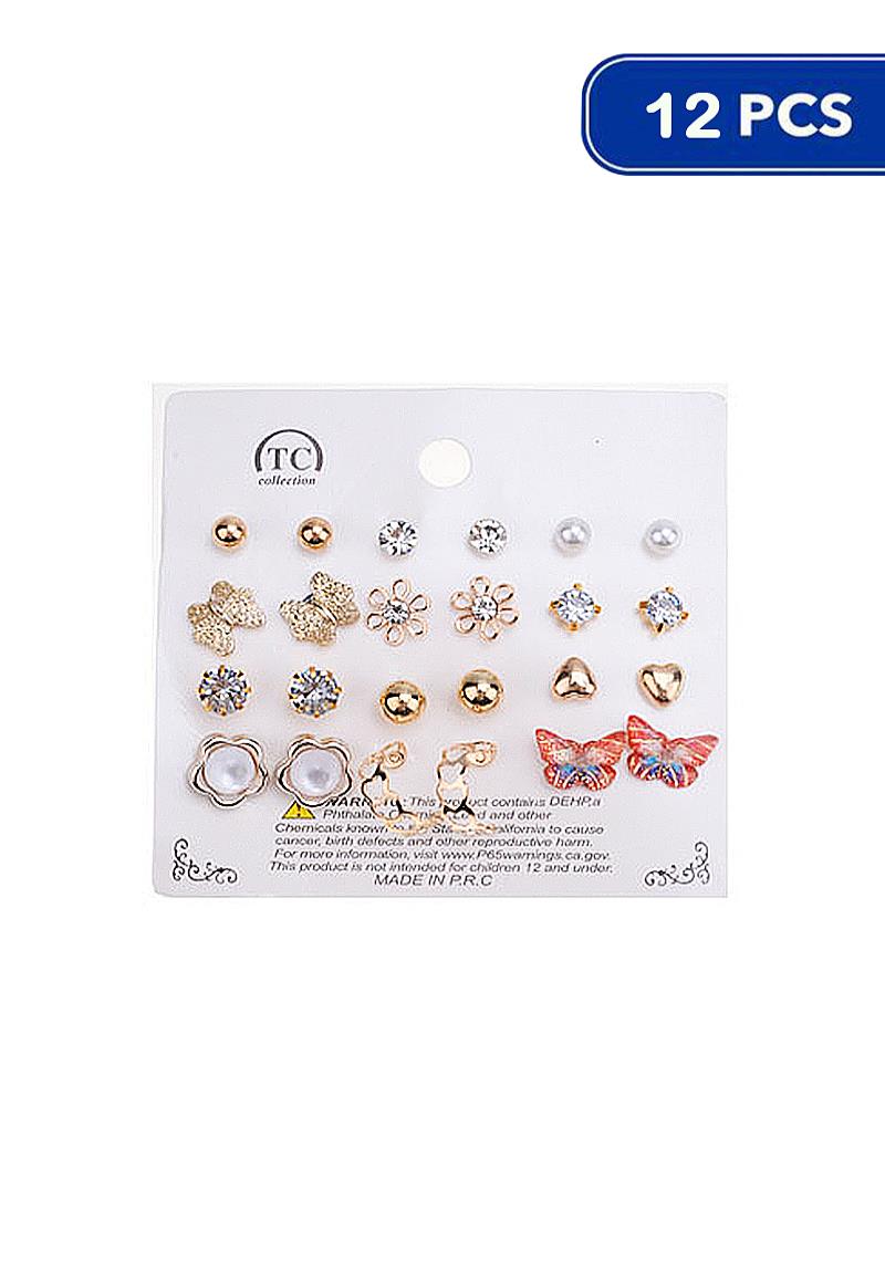 FASHION CRYSTAL BEAD FLOWER BUTTERFLY 12 PAIR EARRING SET (12 UNITS)