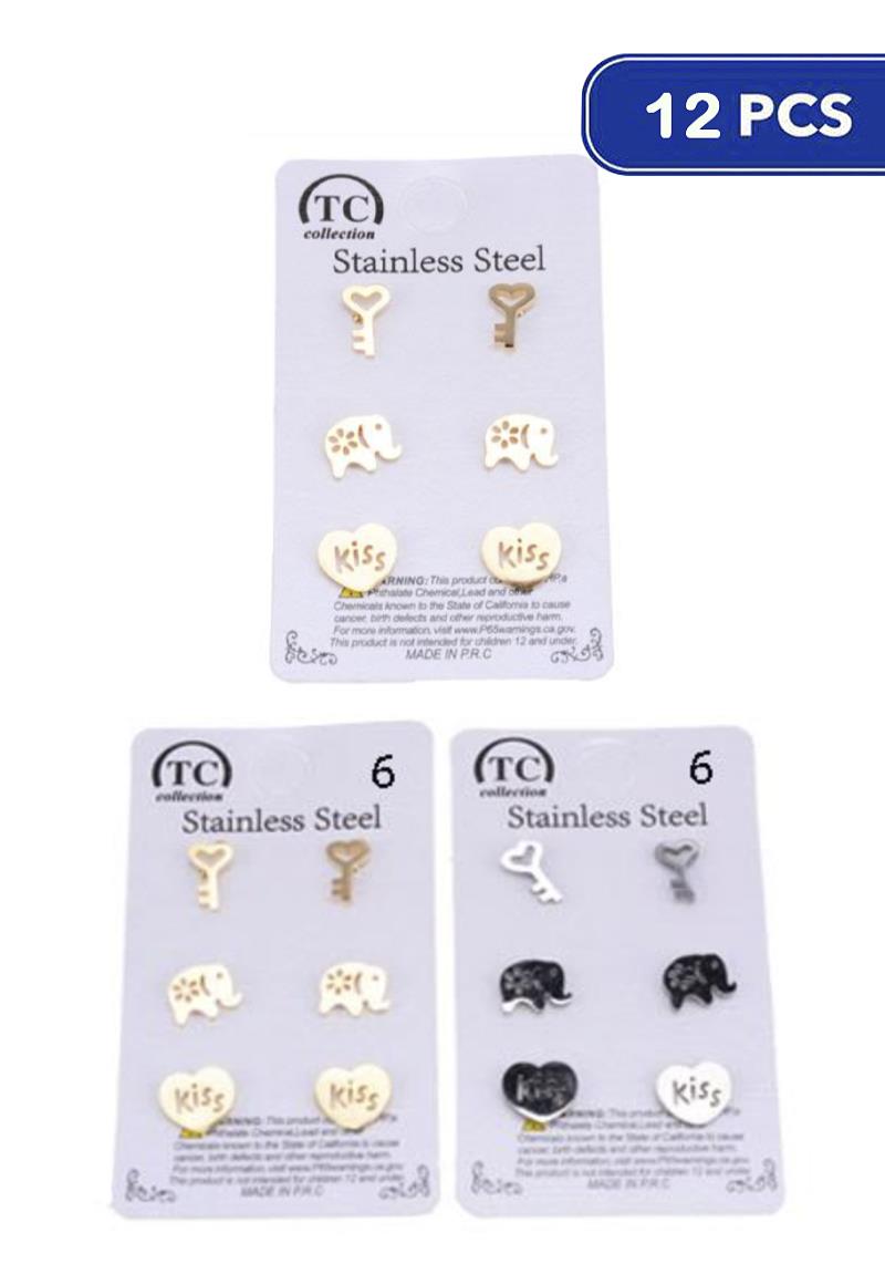 FASHION STAINLESS STEEL STUD EARRING SET (12 UNITS)