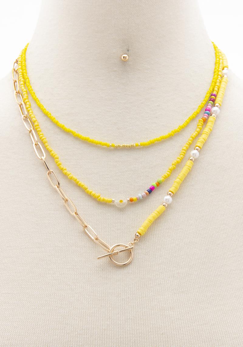 3 LAYERED SEED BEAD METAL MIX NECKLACE EARRING SET