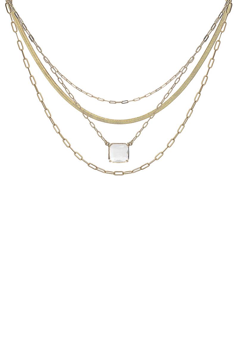 FASHION METAL 4 LAYER CHAIN LINK SQUARE STONE PENDANT NECKLACE