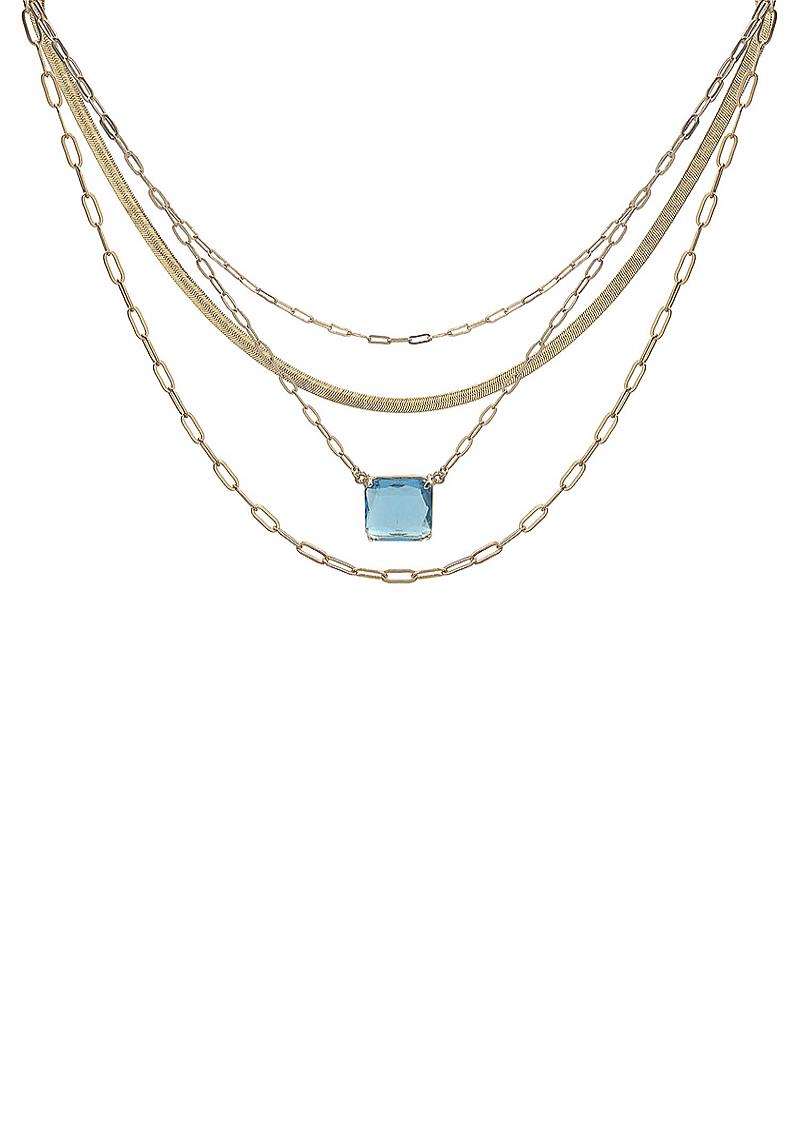 FASHION METAL 4 LAYER CHAIN LINK SQUARE STONE PENDANT NECKLACE