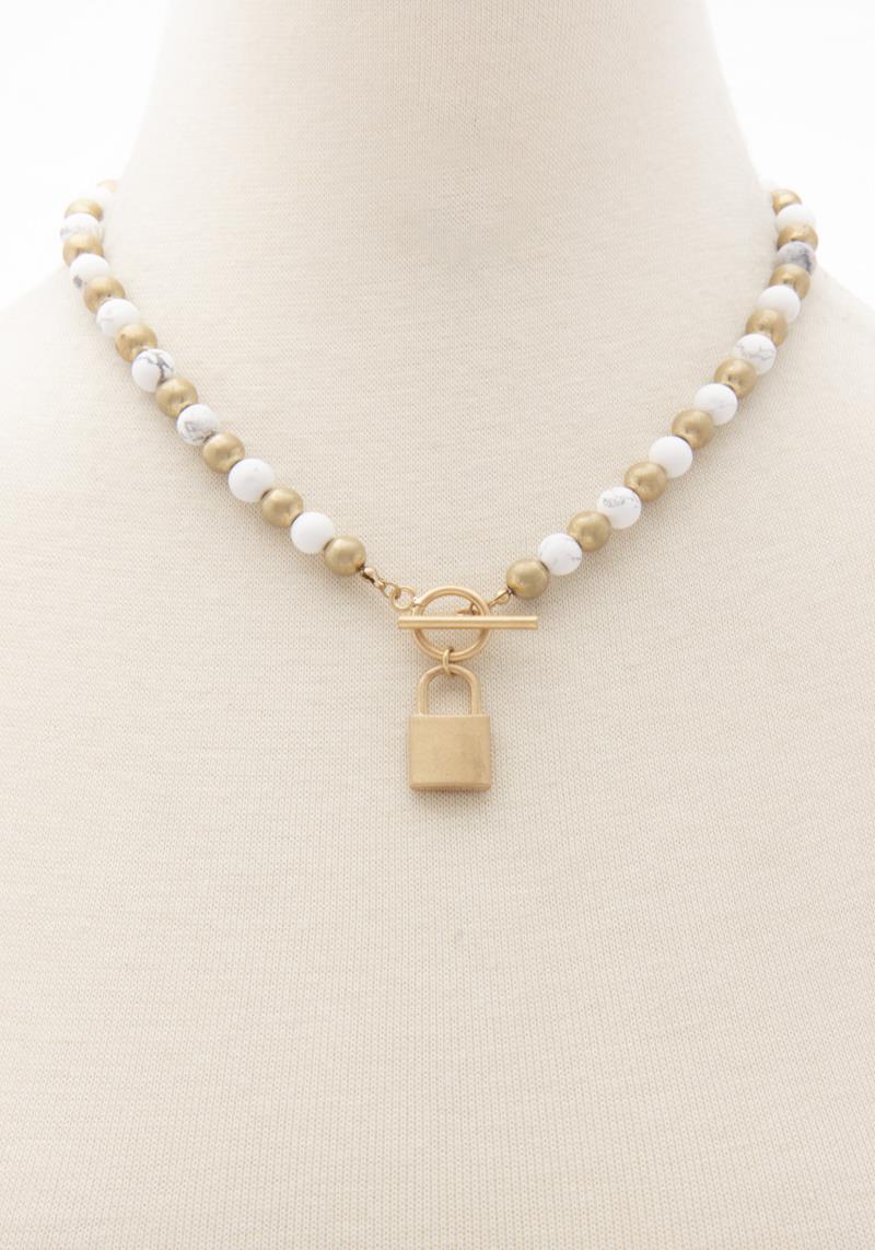 LOCK CHARM TOGGLE CLASP BEADED NECKLACE