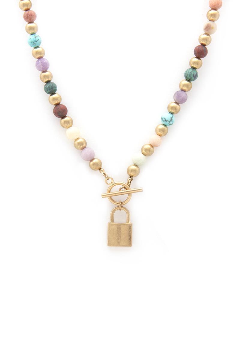 LOCK CHARM TOGGLE CLASP BEADED NECKLACE