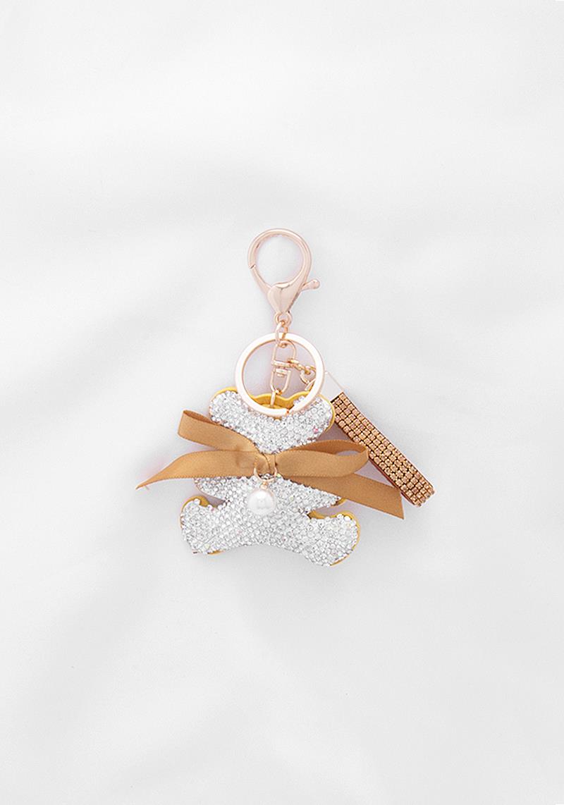 RHINESTONE PEARL BEAR SHAPE STRAP KEY CHAIN