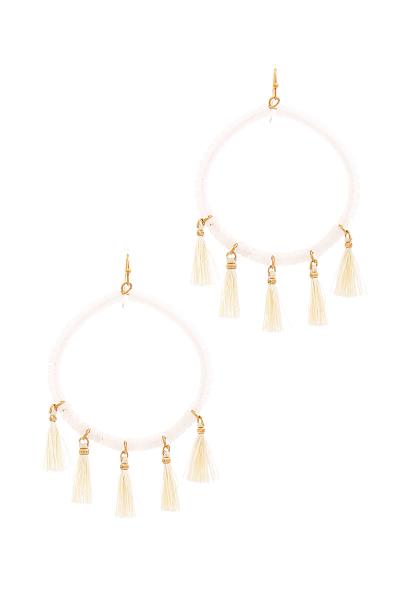 FASHION BEADED HOOP AND 5 TASSEL DROP EARRING