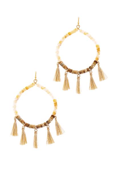 FASHION BEADED HOOP AND 5 TASSEL DROP EARRING