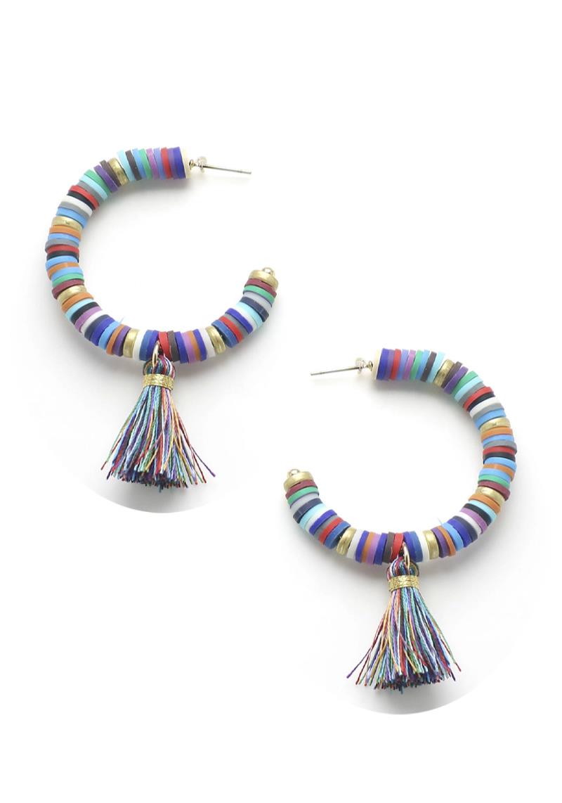 RUBBER DISC BEAD TASSEL DANGLE HOOP EARRING