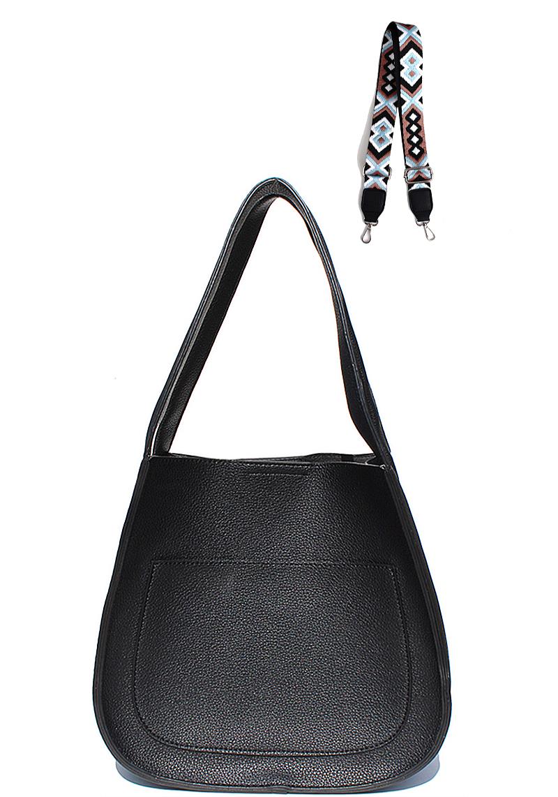 TRIPLE 7 MODERN PLAIN TOTE BAG WITH PATTERN STRAP