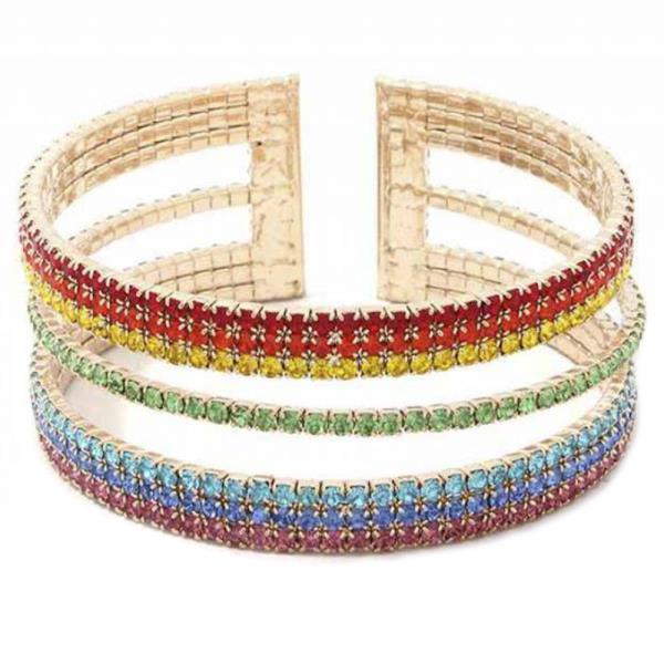 MULTI COLOR RHINESTONE OPEN CUFF BRACELET