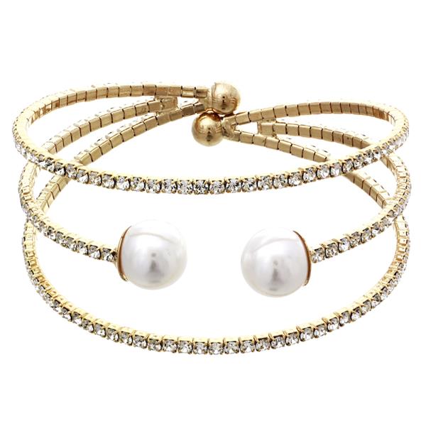 TRIPLE RAW RHINESTONE AND PEARL BRACELET