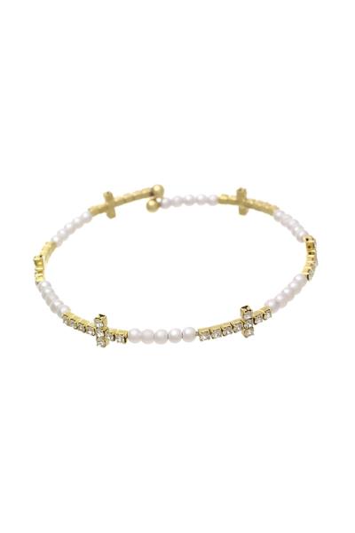 CROSS RHINESTONE PEARL BRACELET