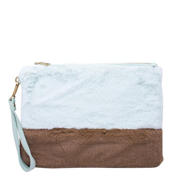 TWO COLOR SOFT PLUSH CLUTCH WITH HAND STRAP
