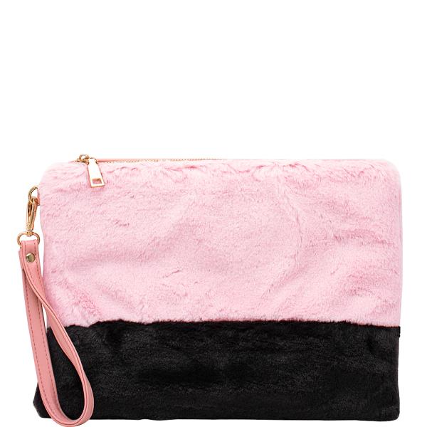 TWO COLOR SOFT PLUSH CLUTCH WITH HAND STRAP