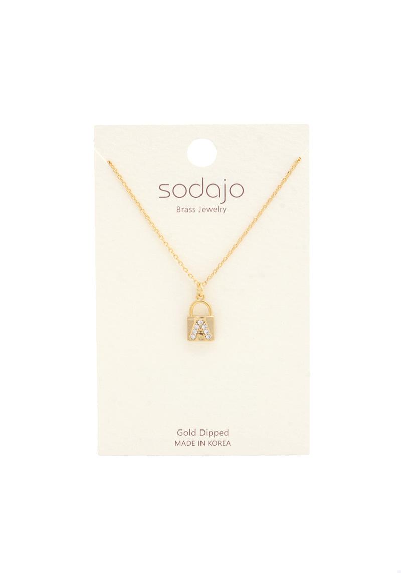 SODAJO RHINESTONE INITIAL LOCK CHARM GOLD DIPPED NECKLACE