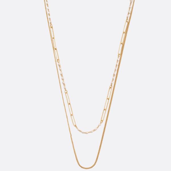 SODAJO PEARL BEAD OVAL LINK GOLD DIPPED LAYERED NECKLACE