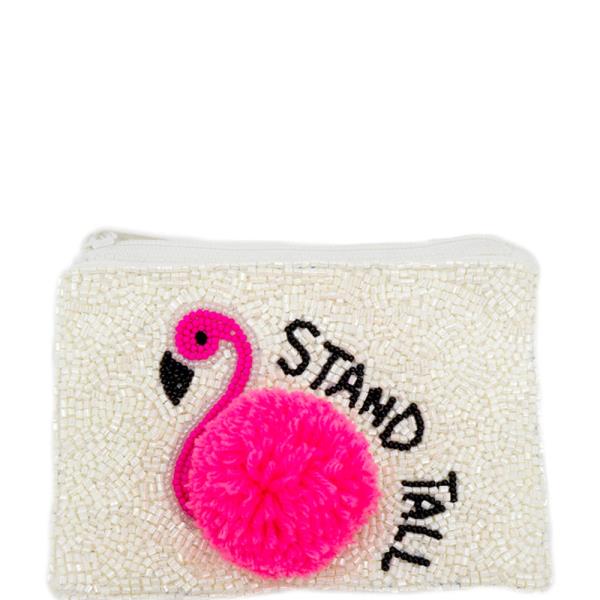 PINK FLAMINGO STAND TALL SEED BEADED  COIN BAG