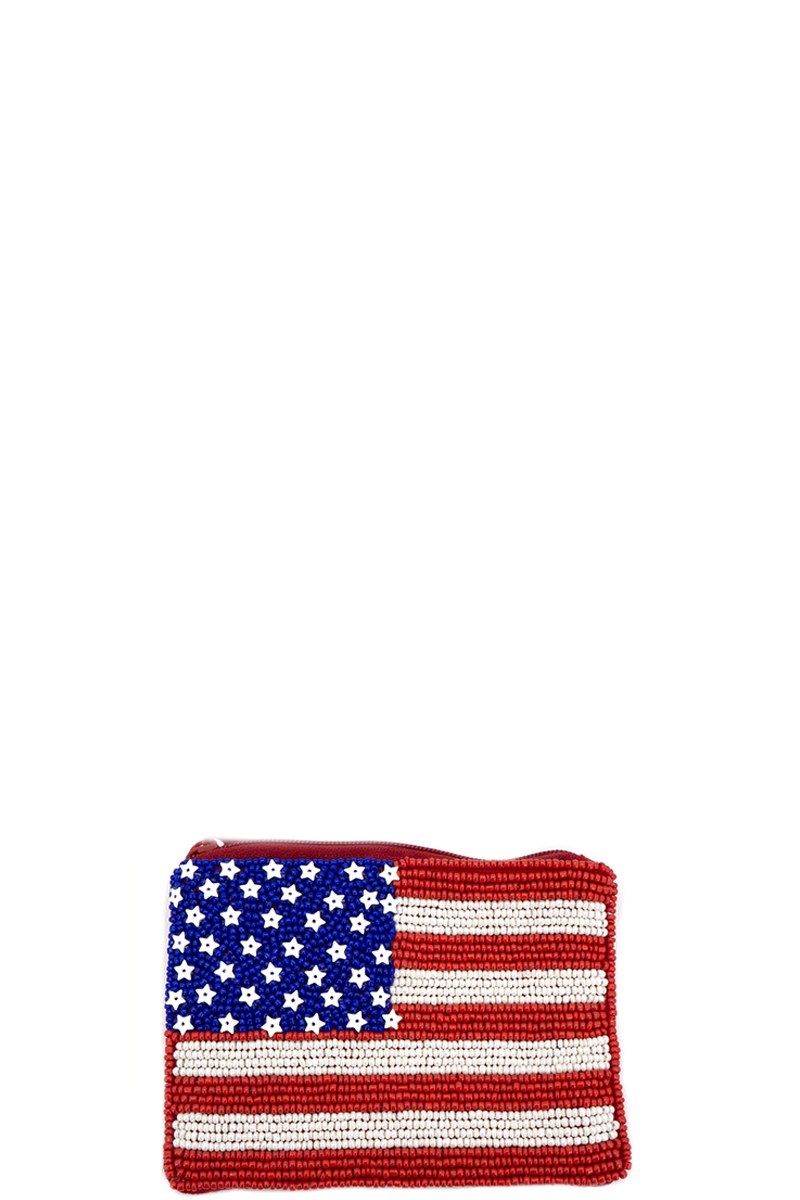 USA FLAG SEED BEADED  COIN BAG