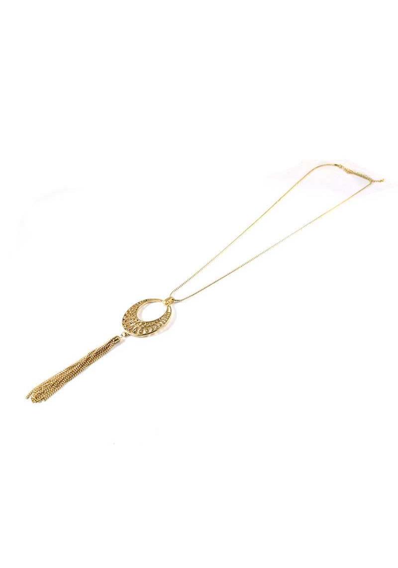 CUT OUT OVAL SHAPE METAL TASSEL NECKLACE