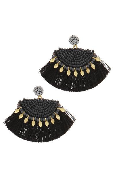 BEADED TASSEL LEAF FASHION EARRINGS