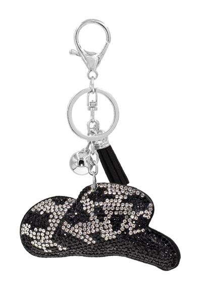 RHINESTONE ANIMAL PRINT COWBOY HAT WITH TASSEL CHARM PUFFY KEY CHAIN