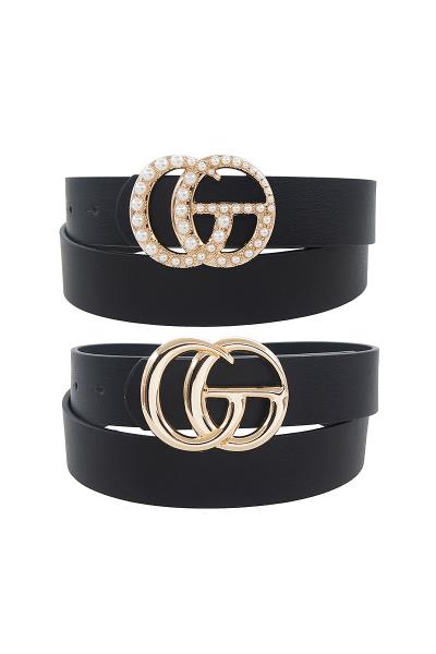 MODERN ROUND BUCKLE RHINESTONE PLAIN BELT 2 PC SET