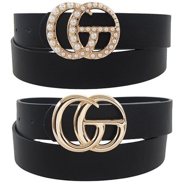 MODERN ROUND BUCKLE RHINESTONE PLAIN BELT 2 PC SET