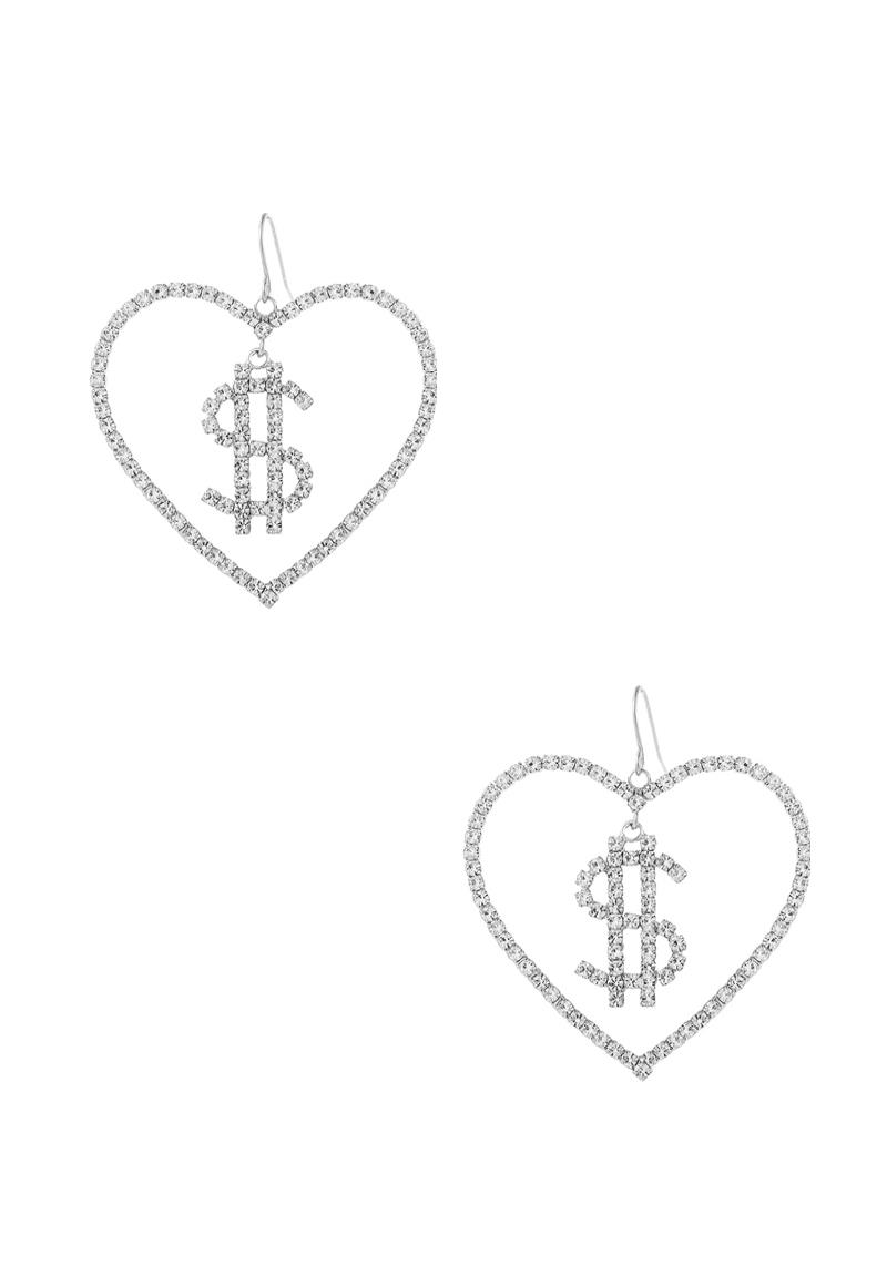 RHINESTONE DOLLAR IN HEART EARRING