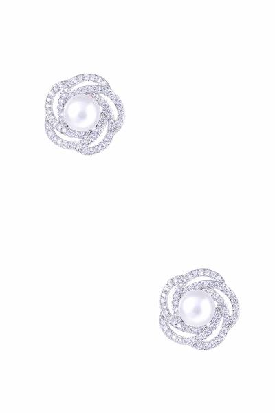 RHINESTONE PEARL FLOWER STUD EARRING