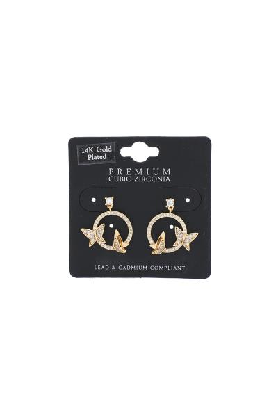 BUTTERFLY CIRCLE CUBIC ZIRCONIA 14K GOLD PLATED EARRING