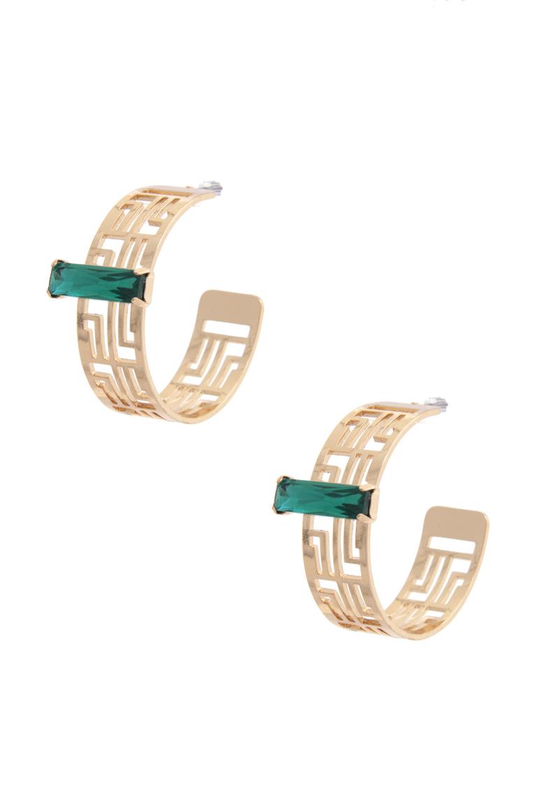 GREEK PATTERN CRYSTAL BAR OPEN HOOP EARRING