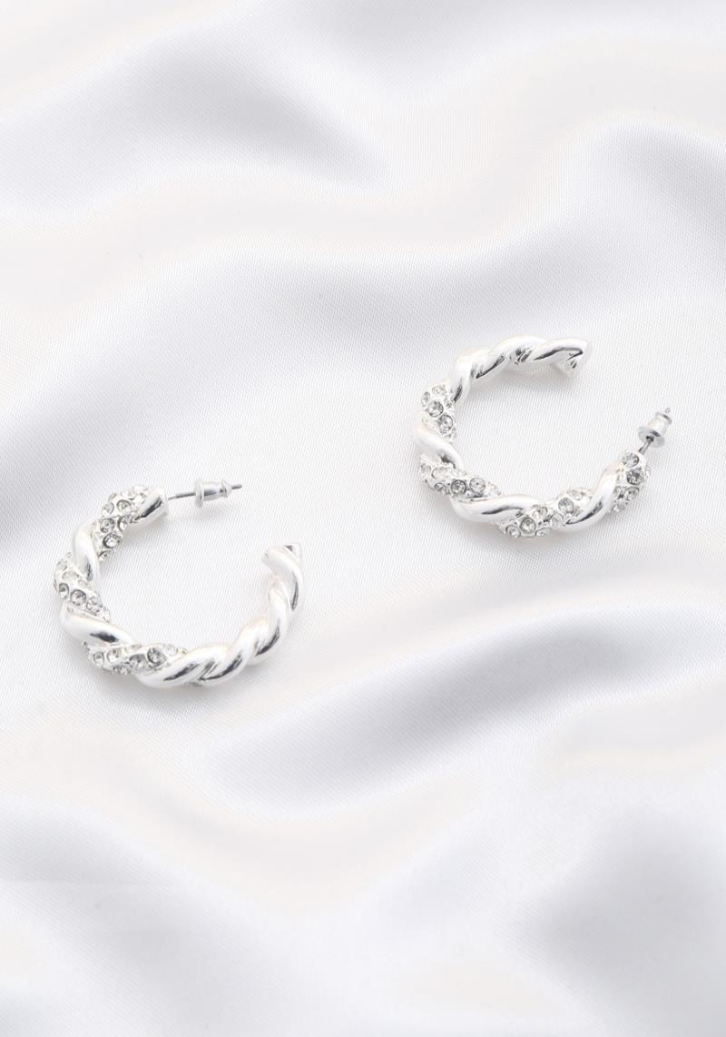 TWISTED RHINESTONE METAL OPEN CIRCLE EARRING