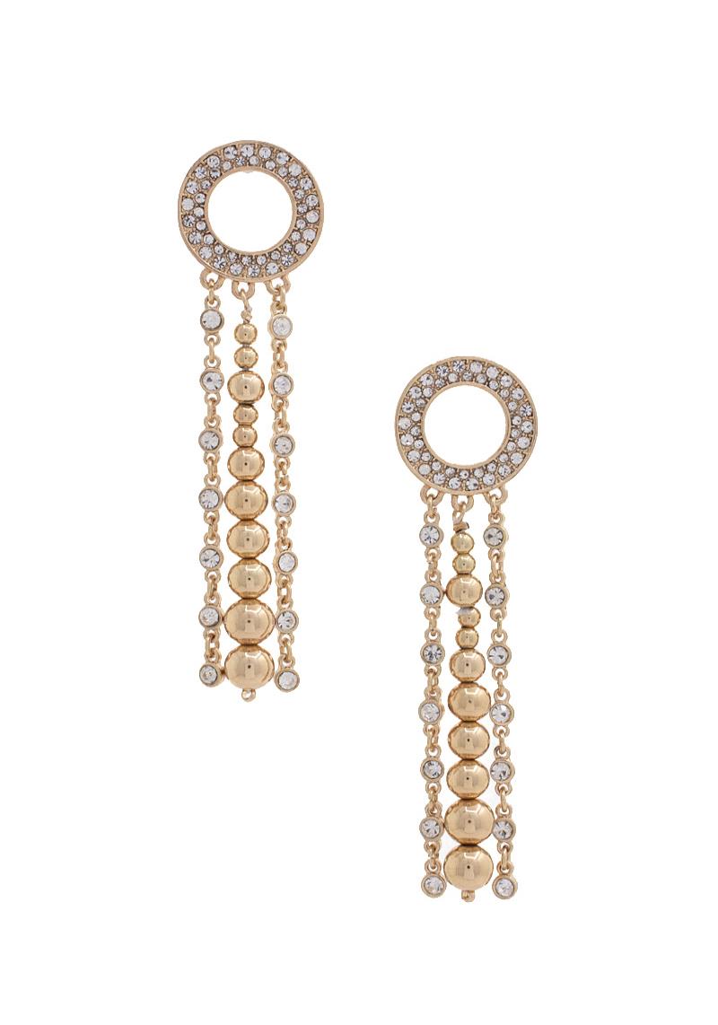 ROUND STONE WITH BALLS AND STONE TASSEL DROP METAL EARRING