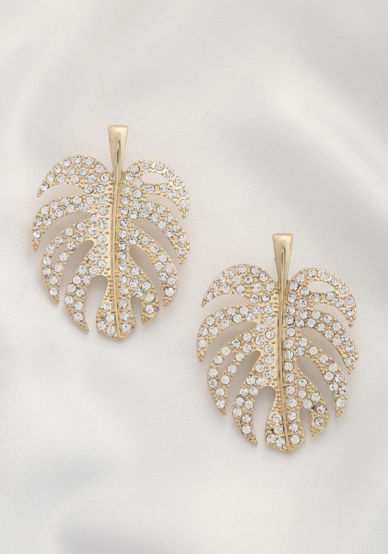 CRYSTAL TROPICAL LEAF METAL EARRING
