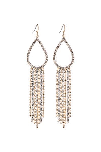 RHINESTONE TEARDROP BALL LINE TASSEL DANGLE EARRING