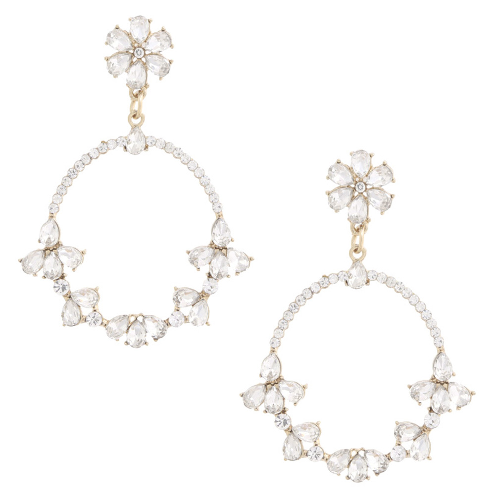 FLOWER RHINESTONE CIRCLE POST DROP EARRING