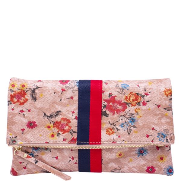 FLORAL STRIPE FLAP CLUTCH BAG