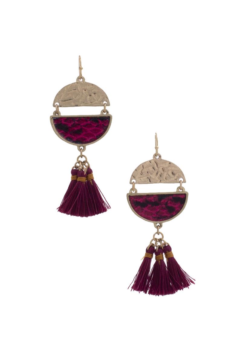 HALF METAL HALF SNAKE PATTERN TASSEL DANGLE EARRING