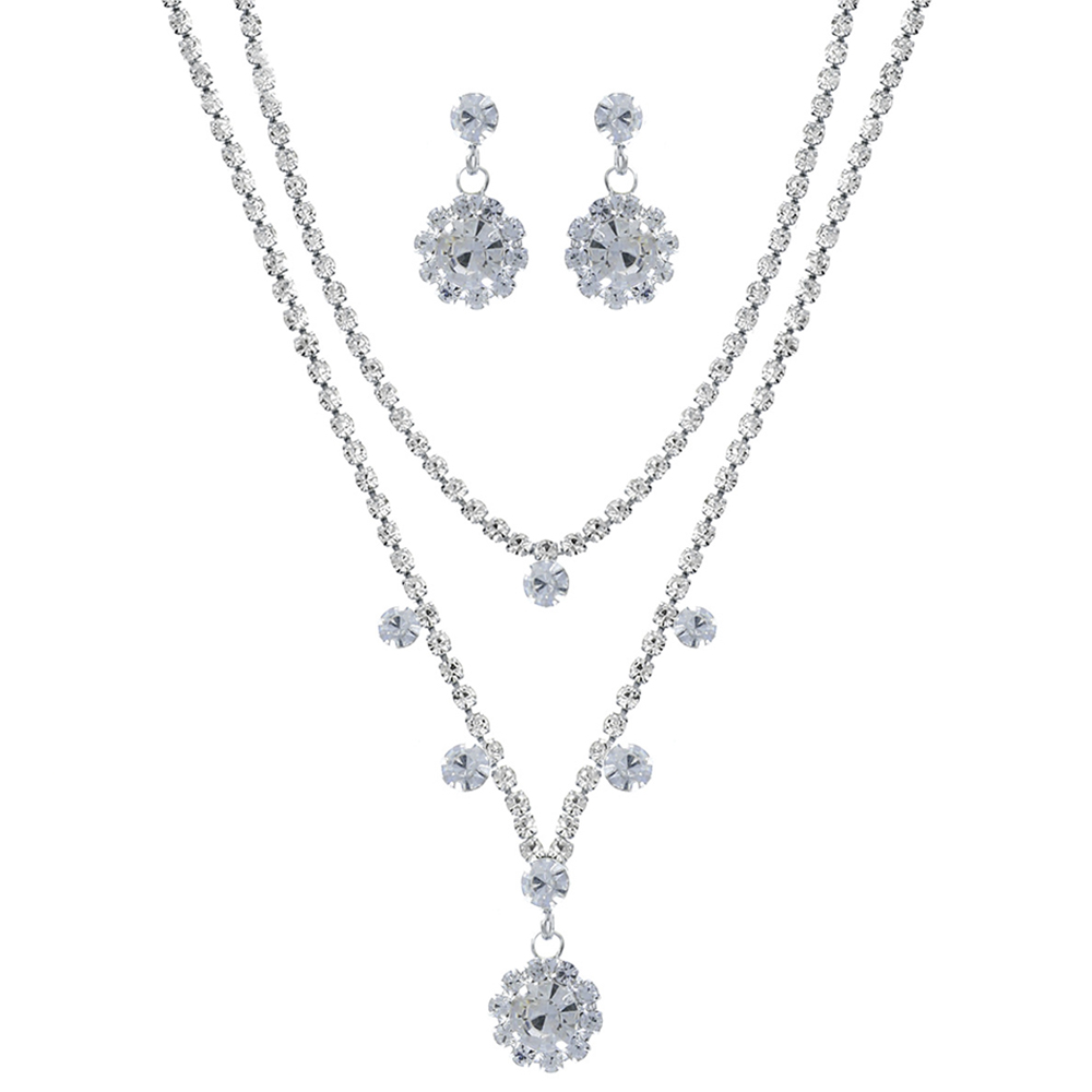 RHINESTONE FLOWER DROP 2 NECKLACE EARRING SET