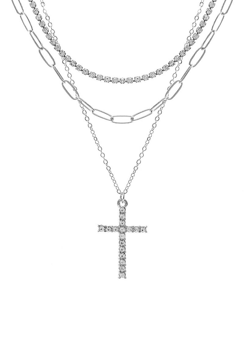 RHINESTONE CHAIN CROSS TRIPLE NECKLACE