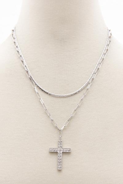 RHINESTONE CROSS PENDANT OVAL LINK LAYERED NECKLACE