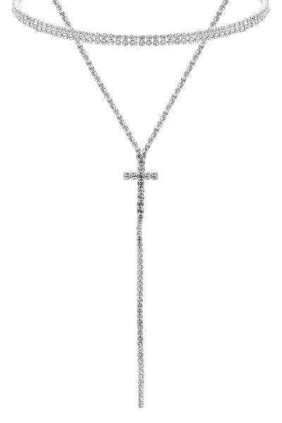 RHINESTONE CROSS Y 2 LINE 2 NECKLACE