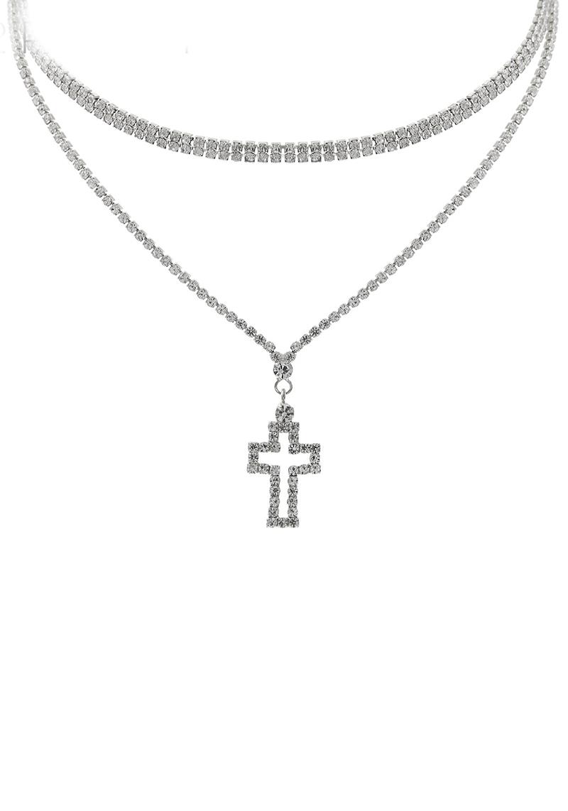 RHINESTONE CHOKER CROSS PENDANT 2 LAYERED NECKLACE