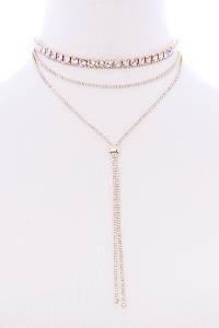 3 LAYERED Y NECK RHINESTONE MULTI NECKLACE
